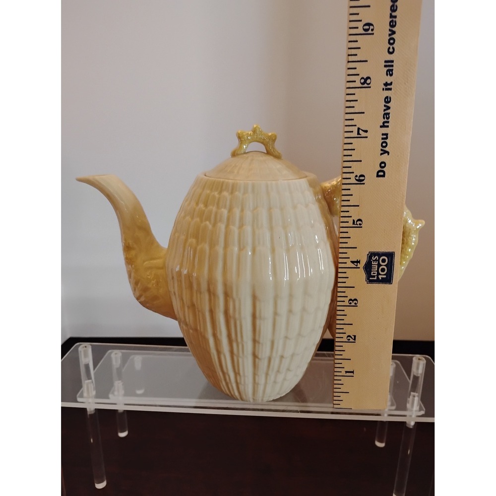 Belleek Ireland Neptune Teapot Shell Pattern Yellow Coral Handle 6th Green Mark - Picture 2 of 8